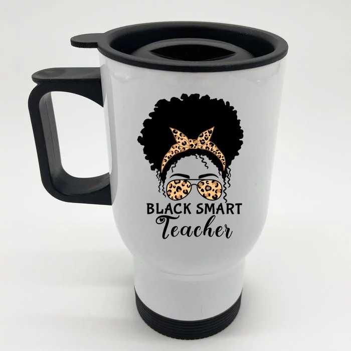 Black Smart Teacher Afro Messy Bun Leopard Glasses Cool Gift Front & Back Stainless Steel Travel Mug