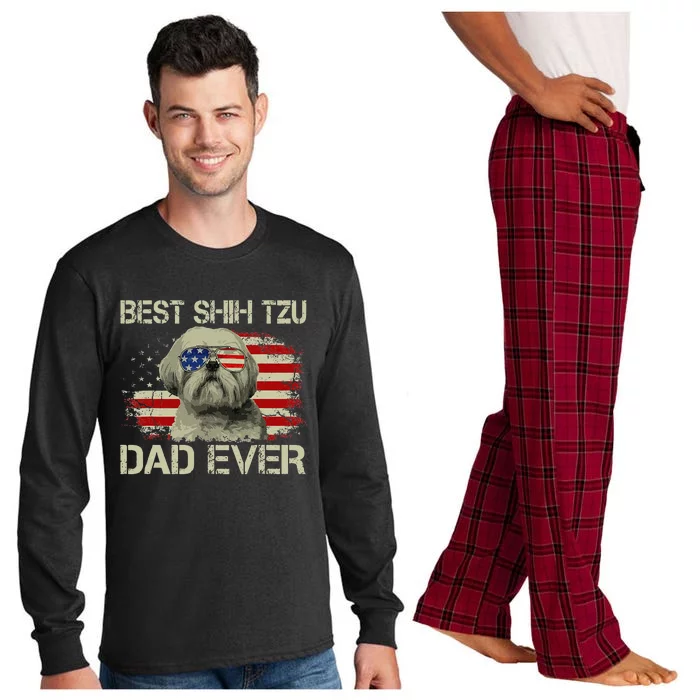 Best Shih Tzu Dad Ever Dog Lover American Flag Gift Long Sleeve Pajama Set