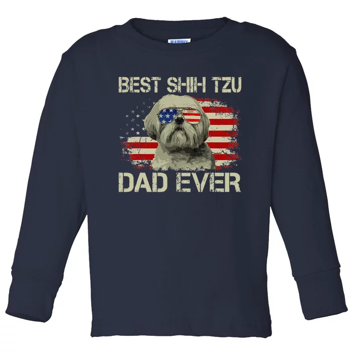 Best Shih Tzu Dad Ever Dog Lover American Flag Gift Toddler Long Sleeve Shirt