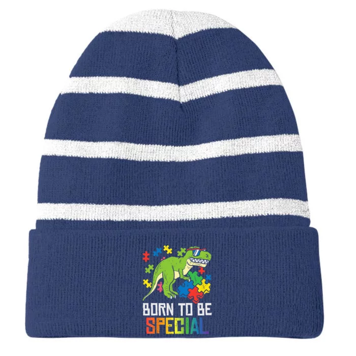 Born Special Trex Puzzle Dino Boy Autism Awareness Striped Beanie with Solid Band