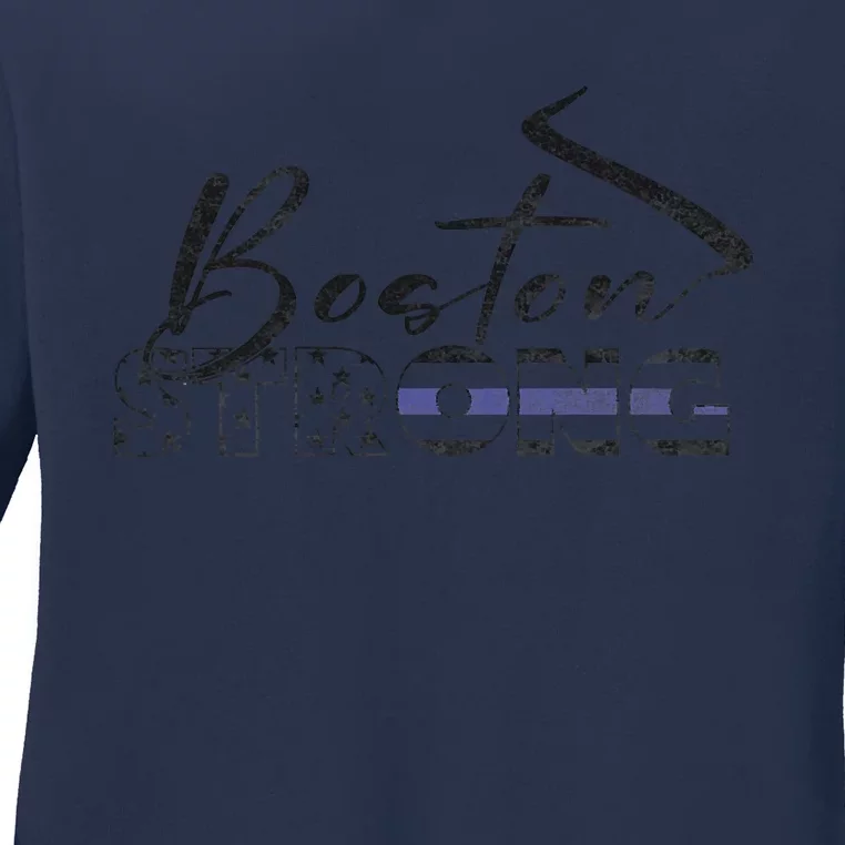 Boston Strong Thin Blue Line US Flag Premium Ladies Long Sleeve Shirt