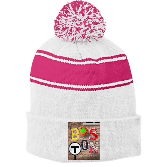 Boston Sports Teams Fan Football Baseball Hockey Basketball Stripe Pom Pom Beanie