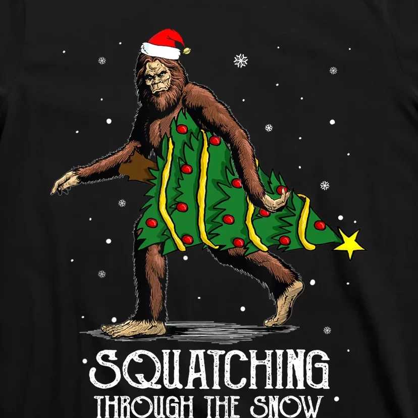 Bigfoot Squatching Through The Snow Christmas Tree Sasquatch T-Shirt