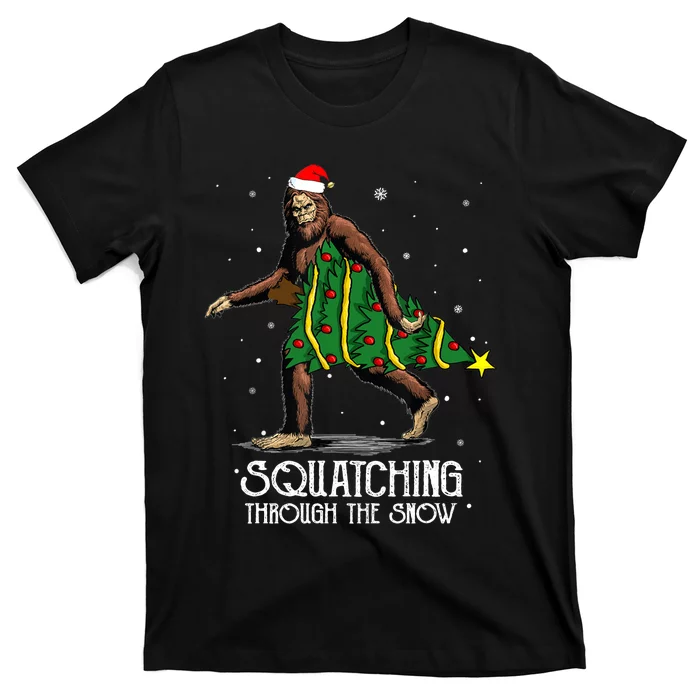 Bigfoot Squatching Through The Snow Christmas Tree Sasquatch T-Shirt