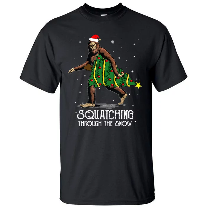 Bigfoot Squatching Through The Snow Christmas Tree Sasquatch Tall T-Shirt