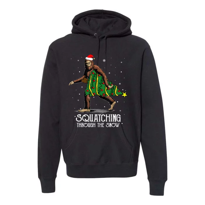 Bigfoot Squatching Through The Snow Christmas Tree Sasquatch Premium Hoodie