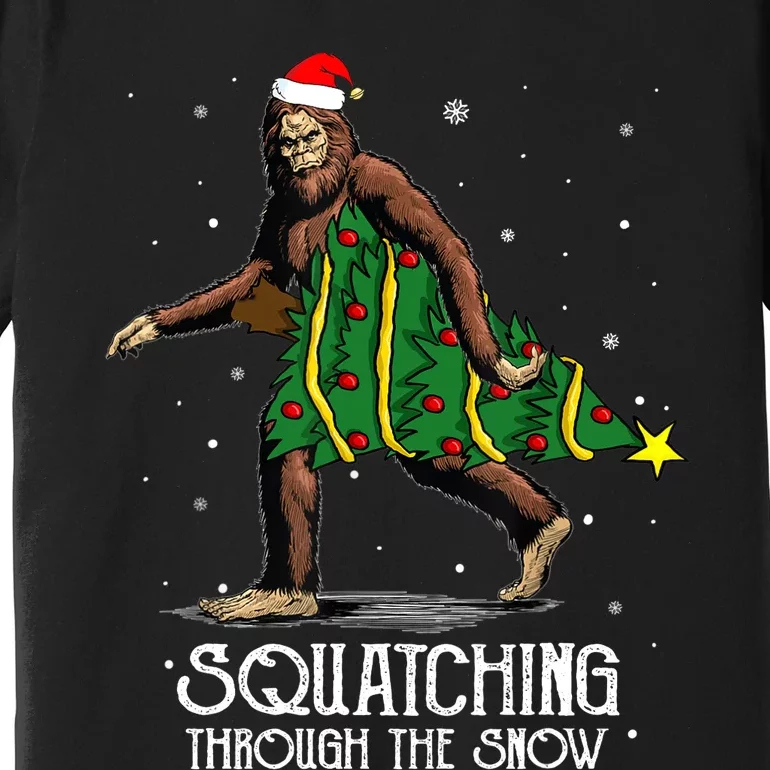 Bigfoot Squatching Through The Snow Christmas Tree Sasquatch Premium T-Shirt