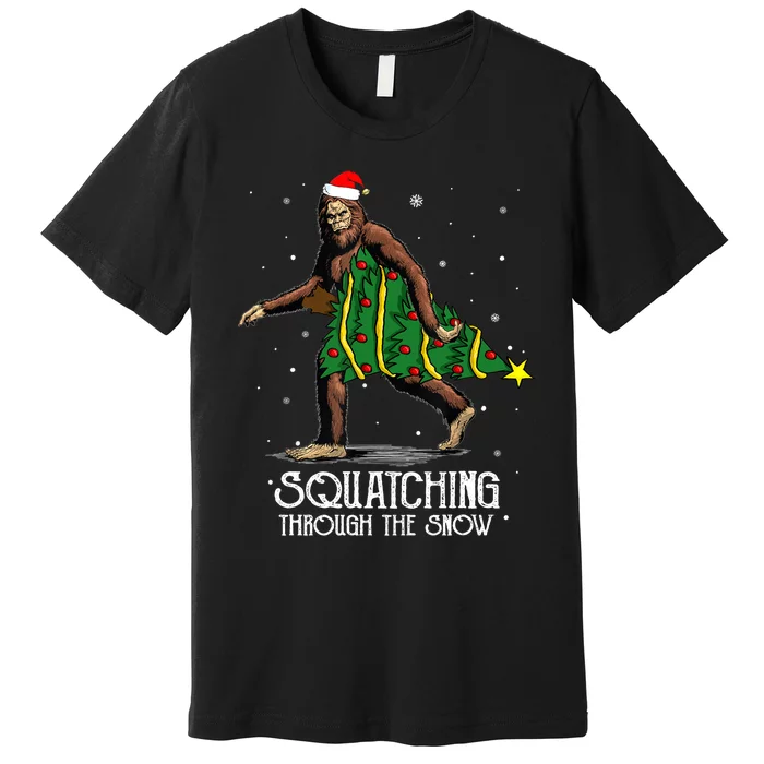 Bigfoot Squatching Through The Snow Christmas Tree Sasquatch Premium T-Shirt