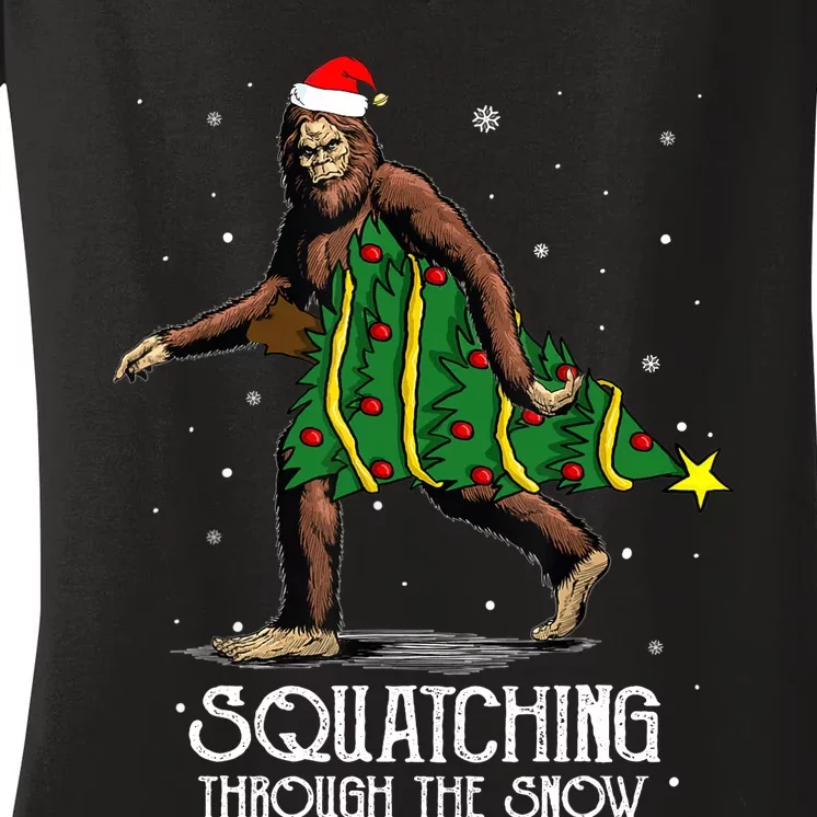 Bigfoot Squatching Through The Snow Christmas Tree Sasquatch Women's V-Neck T-Shirt