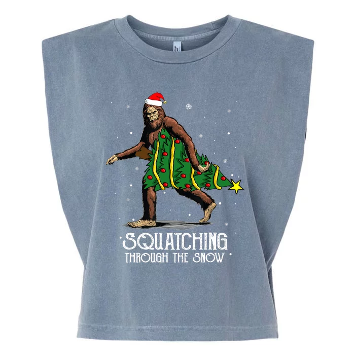 Bigfoot Squatching Through The Snow Christmas Tree Sasquatch Garment-Dyed Women's Muscle Tee