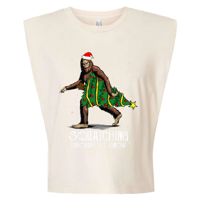 Bigfoot Squatching Through The Snow Christmas Tree Sasquatch Garment-Dyed Women's Muscle Tee