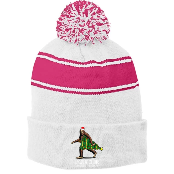 Bigfoot Squatching Through The Snow Christmas Tree Sasquatch Stripe Pom Pom Beanie