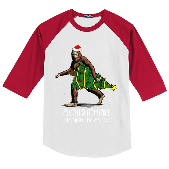 Bigfoot Squatching Through The Snow Christmas Tree Sasquatch Kids Colorblock Raglan Jersey