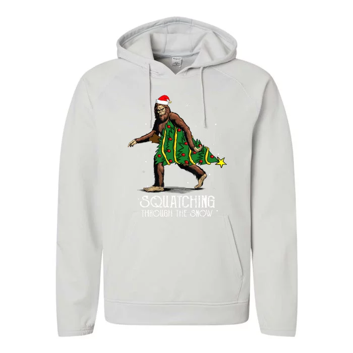 Bigfoot Squatching Through The Snow Christmas Tree Sasquatch Performance Fleece Hoodie