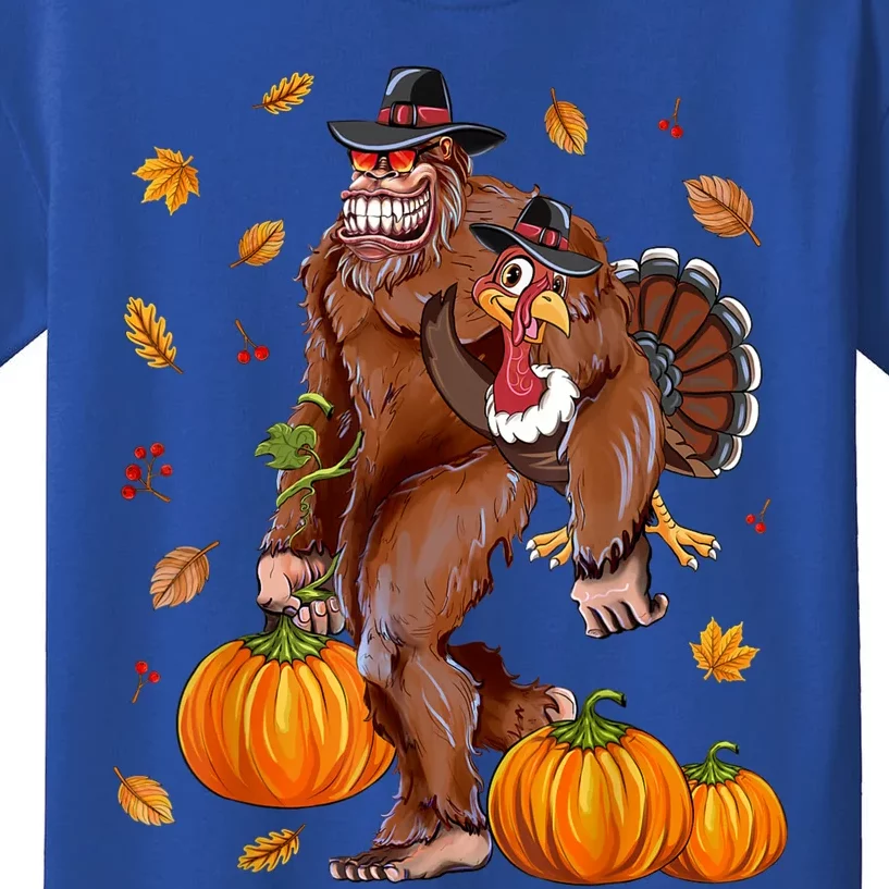 Bigfoot Sasquatch Turkey Pumpkin Happy Thanksgiving Day Kids T-Shirt