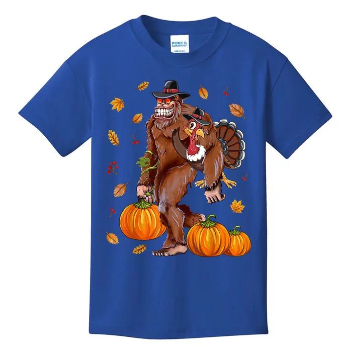 Bigfoot Sasquatch Turkey Pumpkin Happy Thanksgiving Day Kids T-Shirt