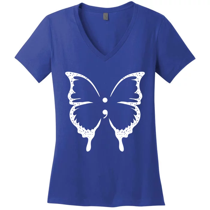 Butterfly Semicolon Tal Health Awareness Gift Women's V-Neck T-Shirt