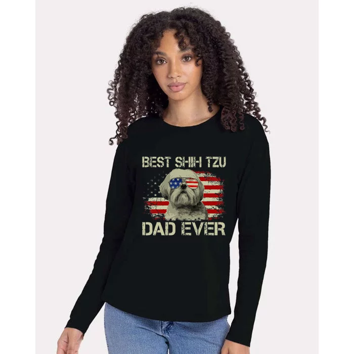 Best Shih Tzu Dad Ever Dog Lover American Flag Womens Cotton Relaxed Long Sleeve T-Shirt