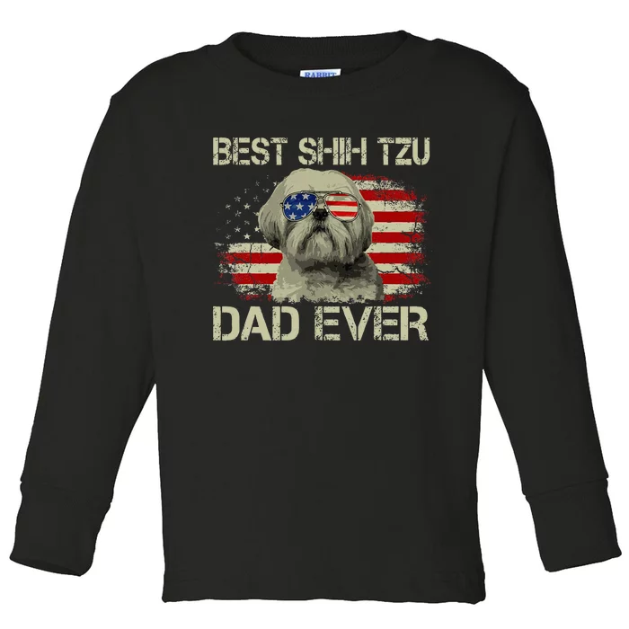 Best Shih Tzu Dad Ever Dog Lover American Flag Toddler Long Sleeve Shirt