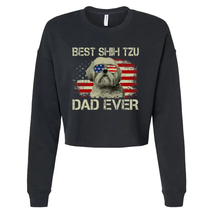 Best Shih Tzu Dad Ever Dog Lover American Flag Cropped Pullover Crew