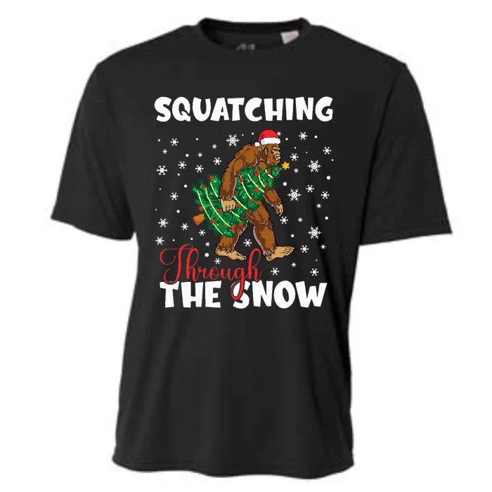 Bigfoot Squatching Through The Snow Sasquatch Christmas Xmas Cooling Performance Crew T-Shirt