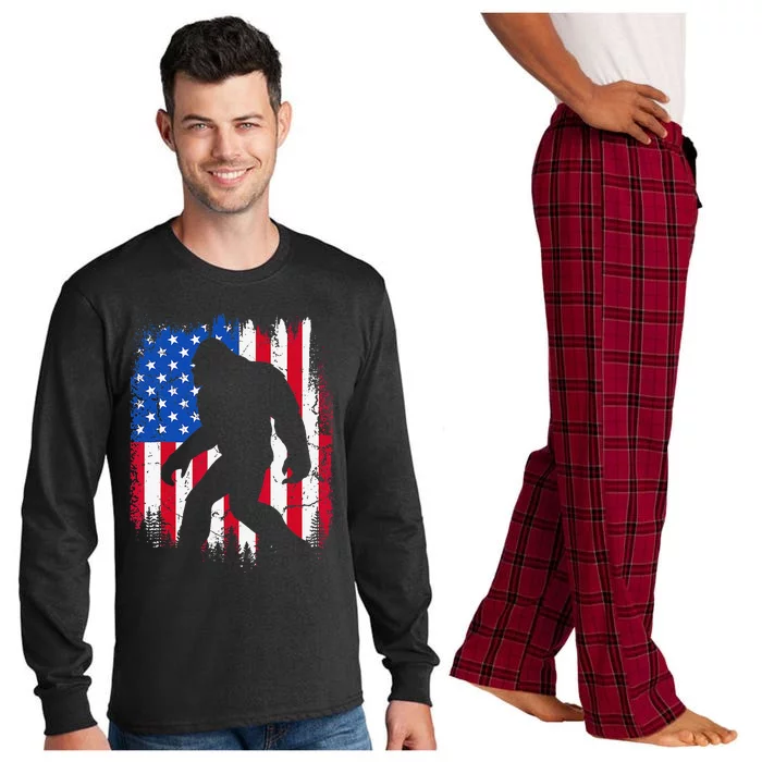 Bigfoot Silhouette USA Flag Sasquatch Lovers July 4th Long Sleeve Pajama Set