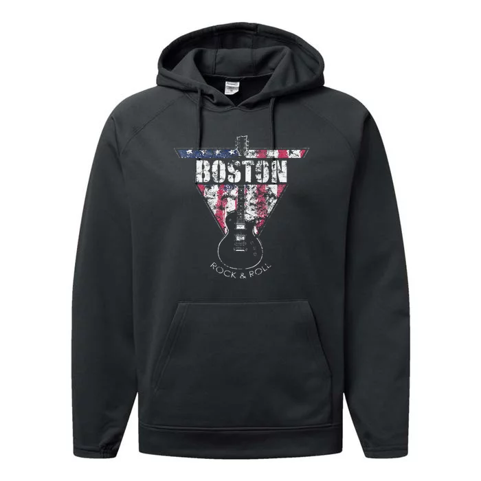 Boston Souvenir Vintage American Flag Guitar Player Rock Performance Fleece Hoodie