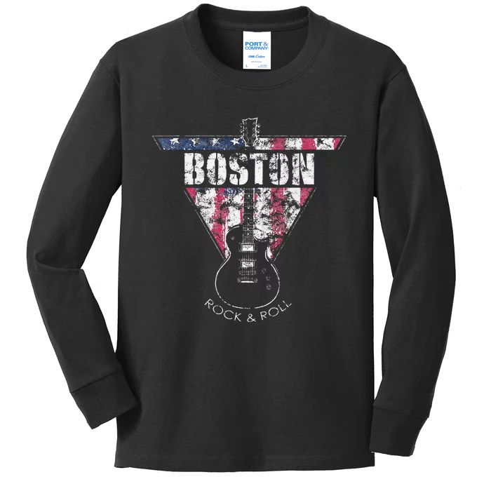 Boston Souvenir Vintage American Flag Guitar Player Rock Kids Long Sleeve Shirt