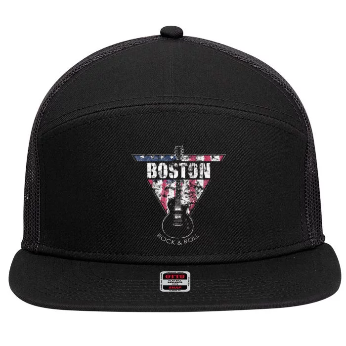 Boston Souvenir Vintage American Flag Guitar Player Rock Fan 7 Panel Mesh Trucker Snapback Hat