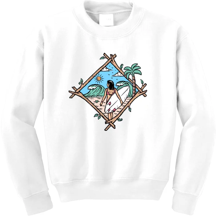 Beautiful Surfer Woman On The Beach Holiday Gift Surf Kids Sweatshirt