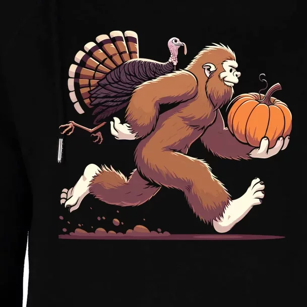 Bigfoot Sasquatch With Turkey And Pumpkin For Thanksgiving Womens Funnel Neck Pullover Hood