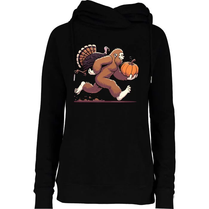 Bigfoot Sasquatch With Turkey And Pumpkin For Thanksgiving Womens Funnel Neck Pullover Hood