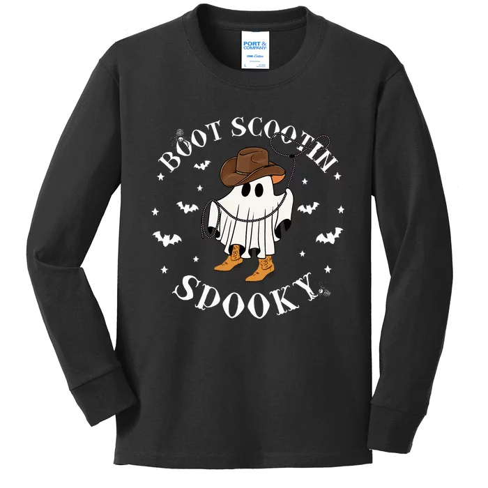 Bootscooting Spooky Western Cow Ghost Halloween Season Kids Long Sleeve Shirt