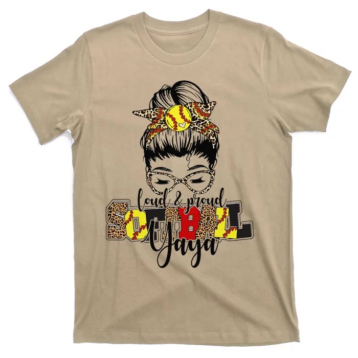 Bleached Softball Yaya Leopard Messy Bun Funny Mothers Day T-Shirt