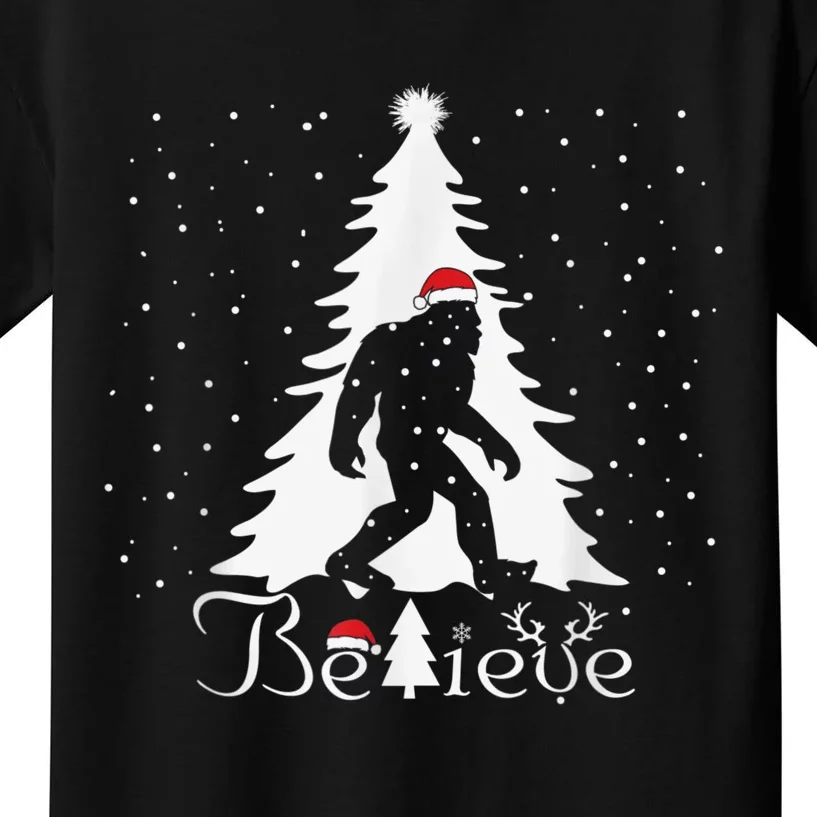 Bigfoot Sasquatch Yeti Believe Santa Hat Christmas Pajamas Kids T-Shirt