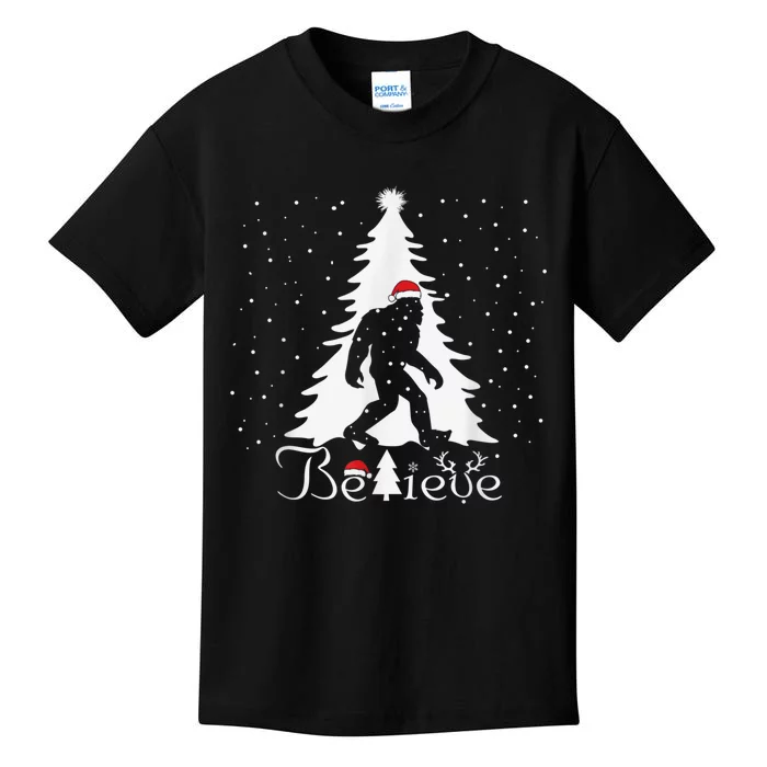 Bigfoot Sasquatch Yeti Believe Santa Hat Christmas Pajamas Kids T-Shirt