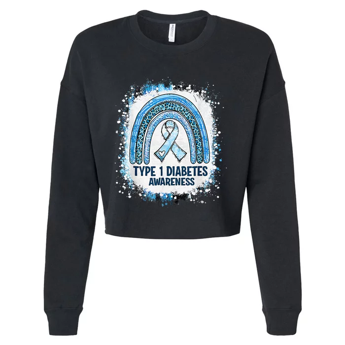 Bleached Type 1 Diabetes Awareness Month Rainbow Blue Ribbon Cropped Pullover Crew