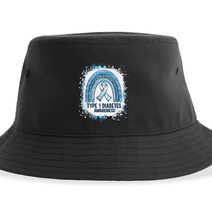 Bleached Type 1 Diabetes Awareness Month Rainbow Blue Ribbon Sustainable Bucket Hat