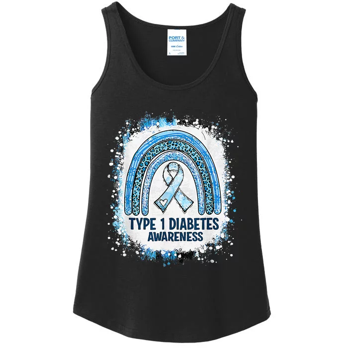 Bleached Type 1 Diabetes Awareness Month Rainbow Blue Ribbon Ladies Essential Tank