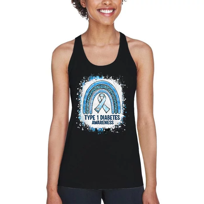 Bleached Type 1 Diabetes Awareness Month Rainbow Blue Ribbon Women's Racerback Tank