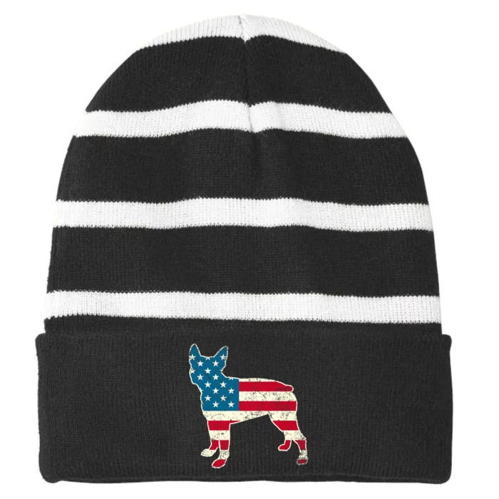 Boston Terrier 4th Of July American Flag Dog Lover Striped Beanie with Solid Band