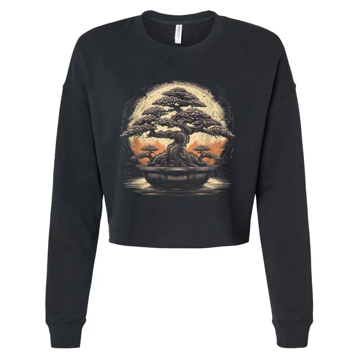 Bonsai Tree And The Rising Sun In Japan Design Cropped Pullover Crew