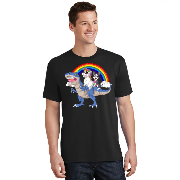 Boston Terrier And Unicorn Riding Dinosaur T-Shirt