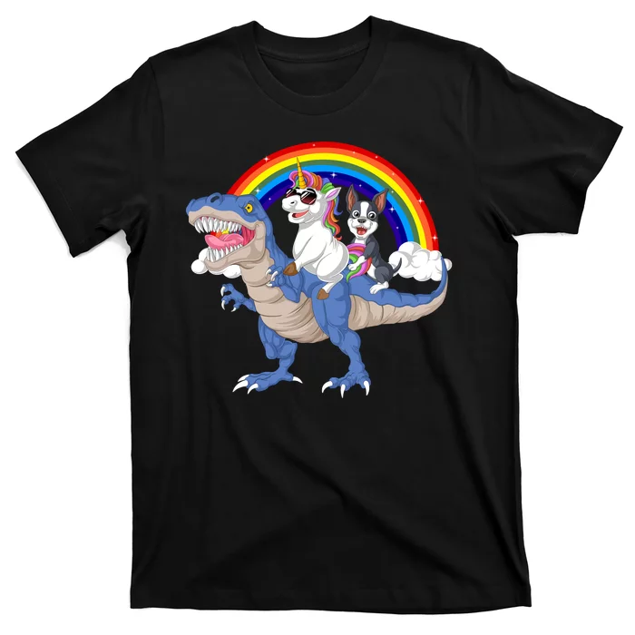 Boston Terrier And Unicorn Riding Dinosaur T-Shirt