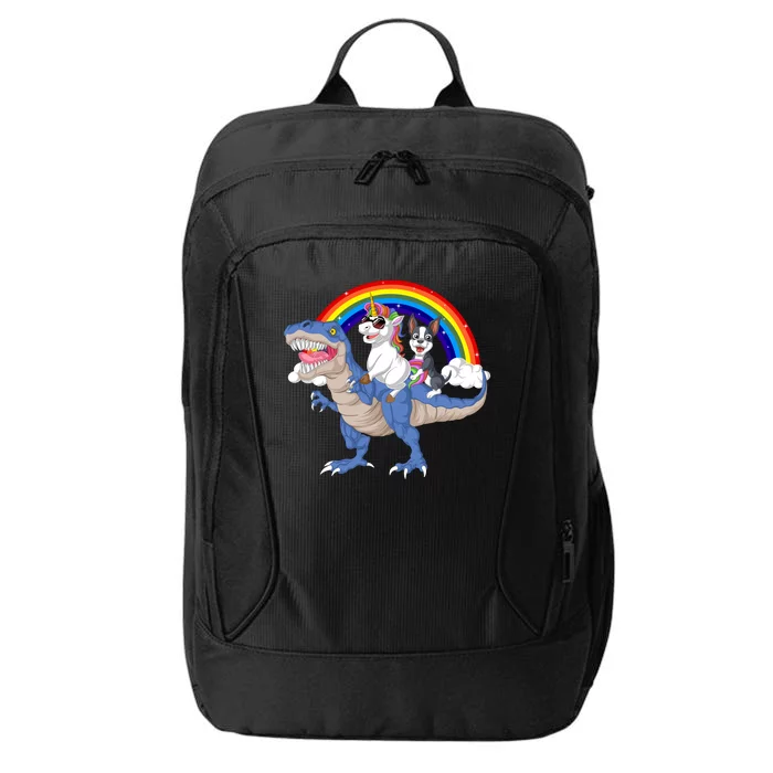 Boston Terrier And Unicorn Riding Dinosaur City Backpack