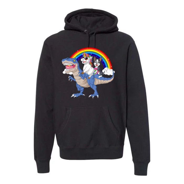 Boston Terrier And Unicorn Riding Dinosaur Premium Hoodie