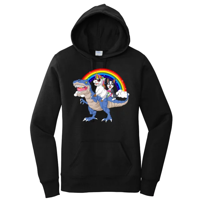 Boston Terrier And Unicorn Riding Dinosaur Women's Pullover Hoodie