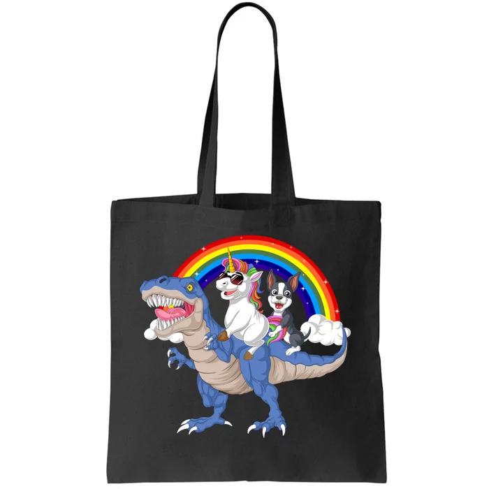 Boston Terrier And Unicorn Riding Dinosaur Tote Bag