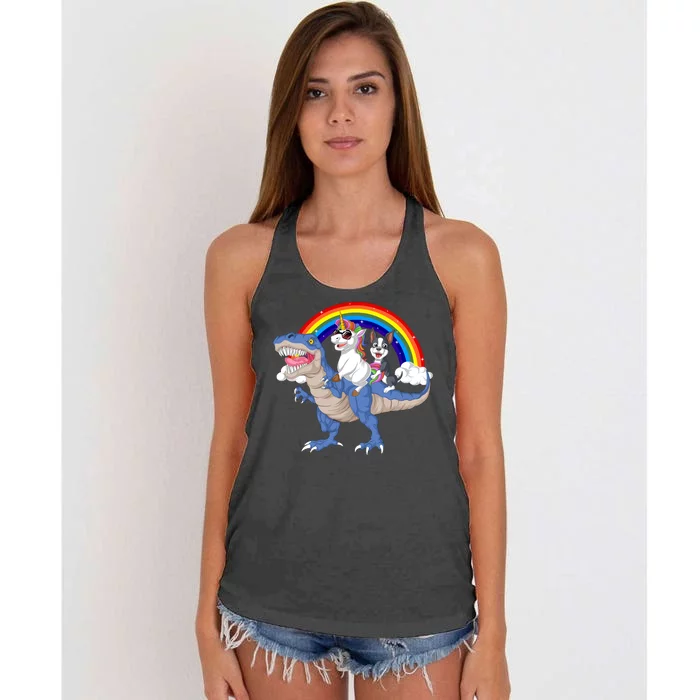 Boston Terrier And Unicorn Riding Dinosaur Women's Knotted Racerback Tank