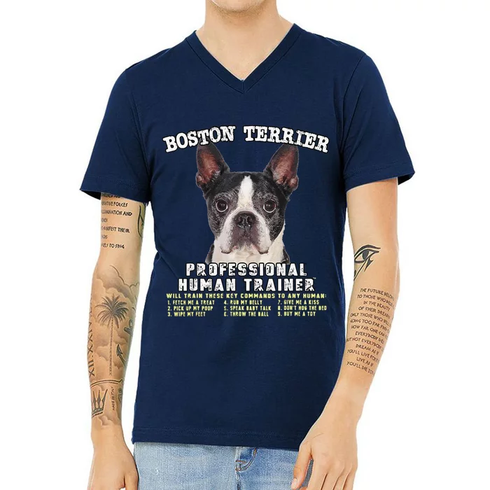 Boston Terrier Black Professional Human Trainer Cute Dog V-Neck T-Shirt